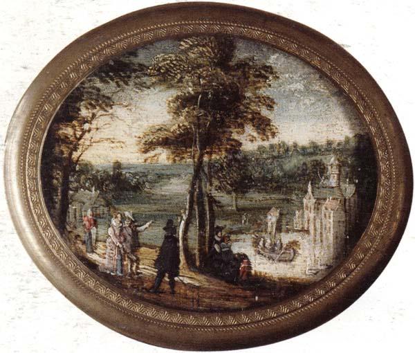 unknow artist A landscape with elegant figures promenading before a lake,a castle beyond